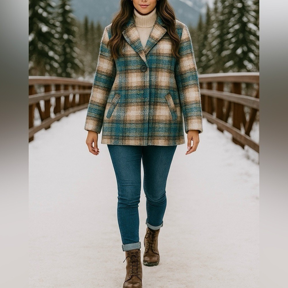 Vintage Focus 2000 Tan, Blue & Turquoise Plaid Coat